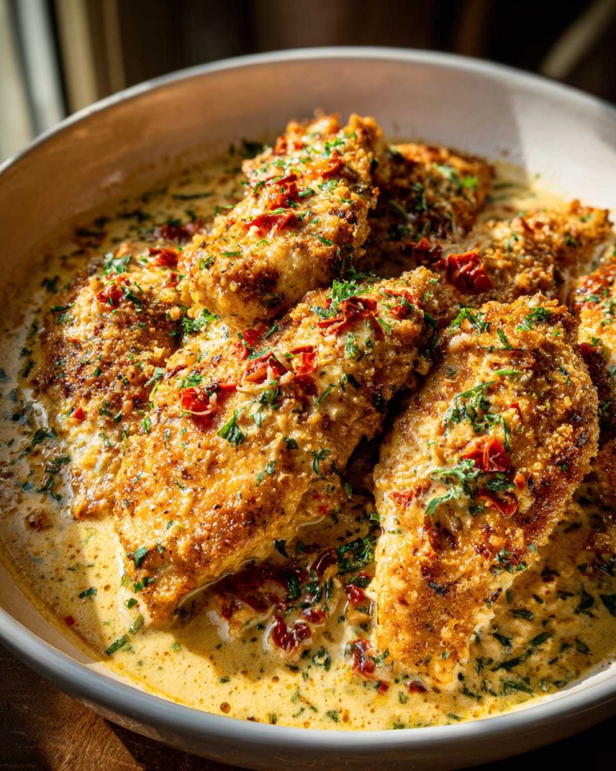 Close-up of tender Keto Garlic Parmesan Chicken pieces coated in a creamy garlic sauce and garnished with herbs and sun-dried tomatoes.