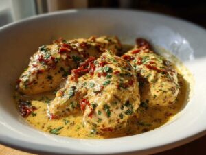 Close-up of Keto Garlic Parmesan Chicken breasts in a creamy sauce with sun-dried tomatoes and parsley.