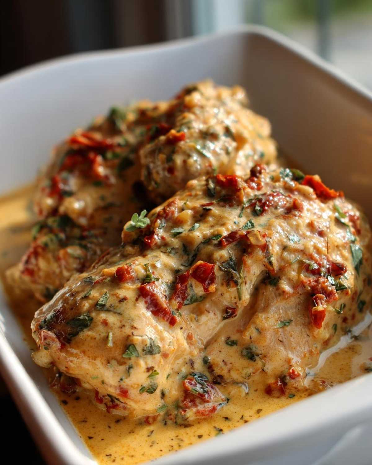 Close-up of creamy Keto Garlic Parmesan Chicken breasts in a white dish, topped with sun-dried tomatoes and herbs.