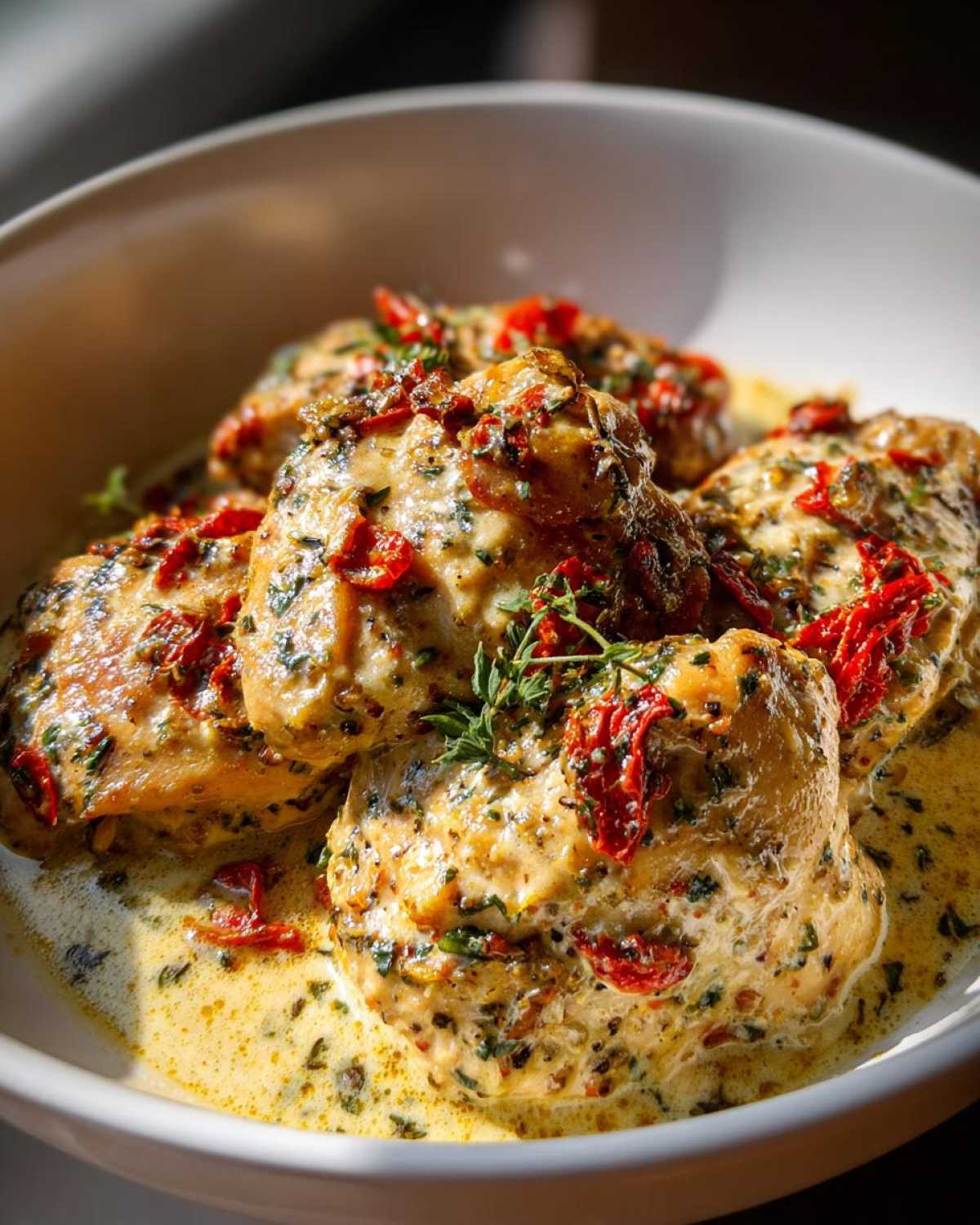 Close-up of creamy Keto Garlic Parmesan Chicken pieces in a white bowl, topped with sun-dried tomatoes and herbs.