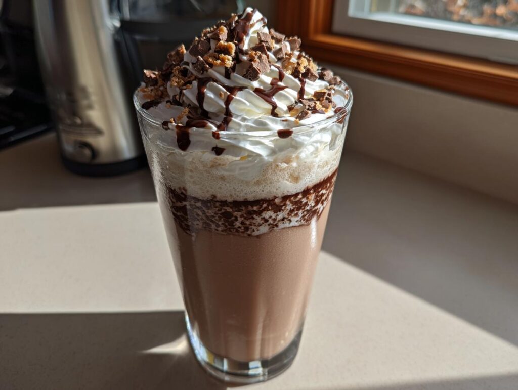 A tall glass filled with a creamy Kinder Chocolate Frappuccino, topped with whipped cream, chocolate drizzle, and chopped candy.