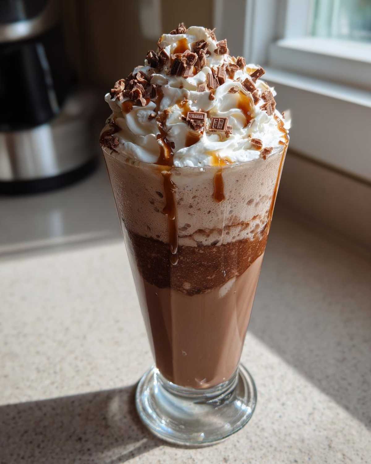 A tall glass of Kinder Chocolate Frappuccino topped with whipped cream, chocolate shavings, and caramel drizzle.