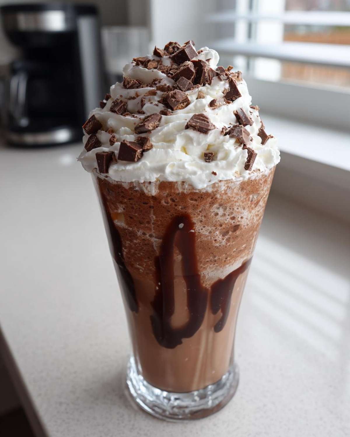 A tall glass filled with a frothy Kinder Chocolate Frappuccino, topped with whipped cream and chocolate chunks.