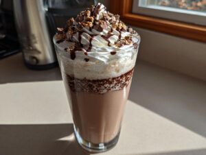 A tall glass filled with a creamy Kinder Chocolate Frappuccino, topped with whipped cream, chocolate drizzle, and chopped candy.