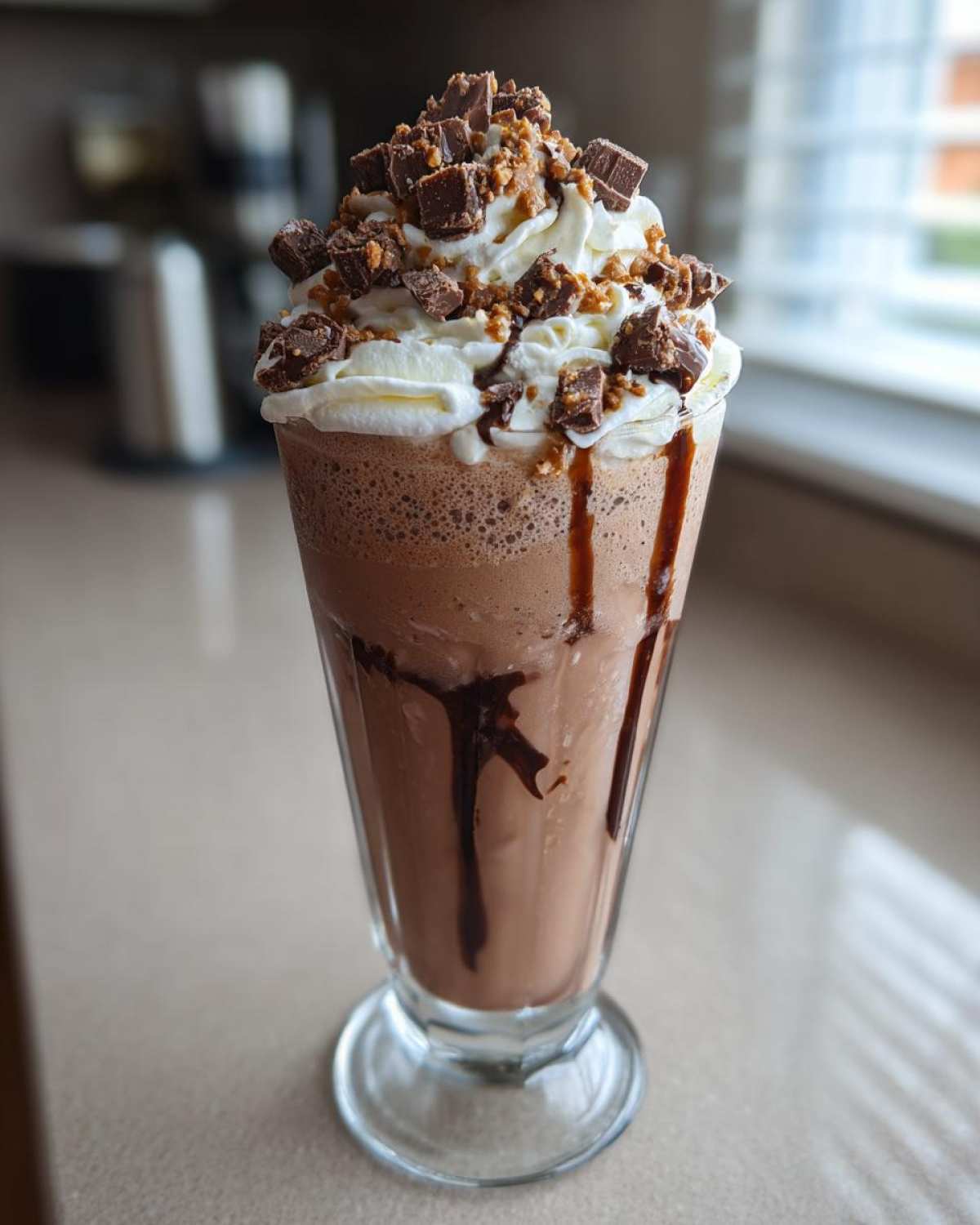 A delicious Kinder Chocolate Frappuccino topped with whipped cream, chocolate chunks, and caramel drizzle.