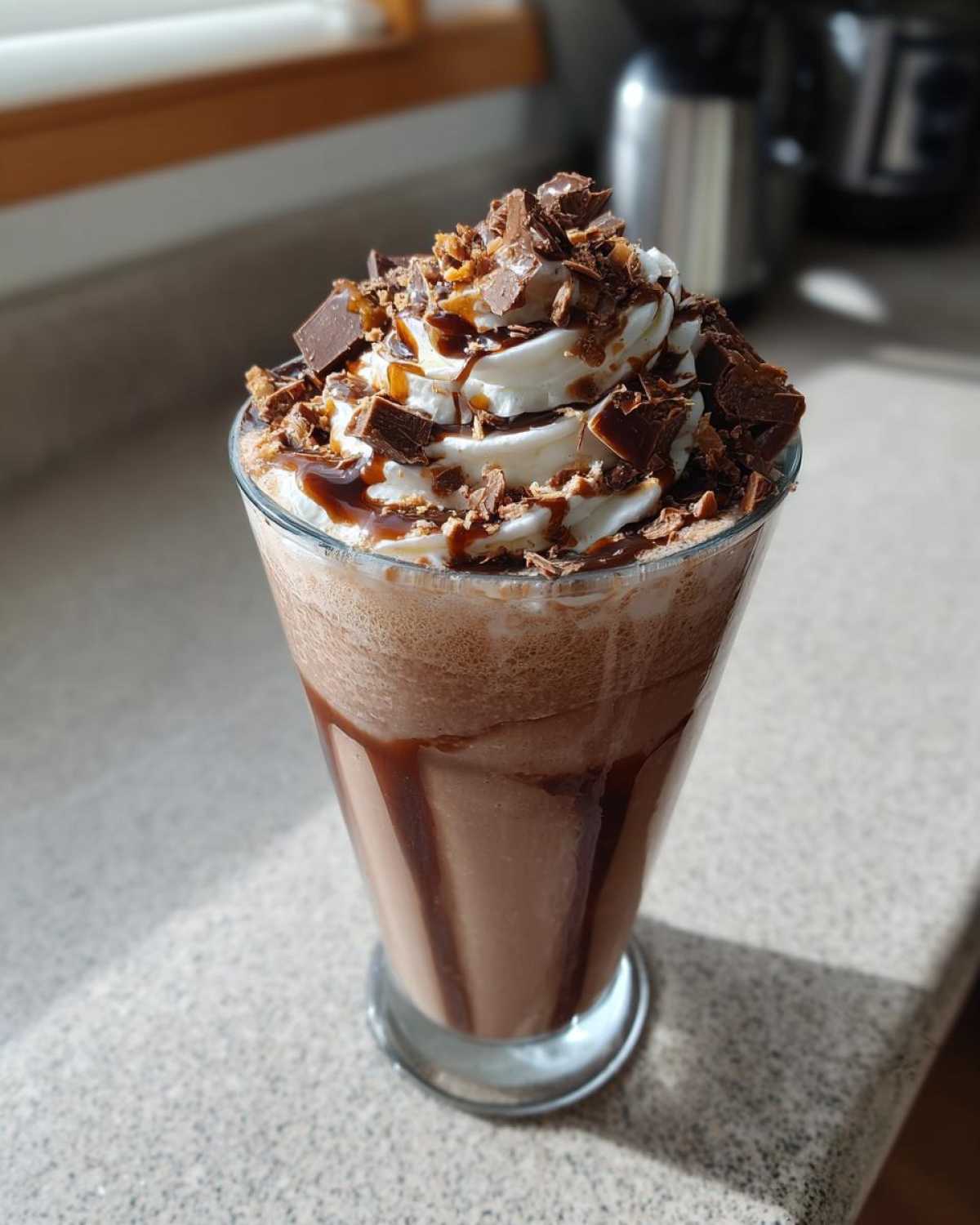A delicious Kinder Chocolate Frappuccino topped with whipped cream, chocolate shavings, and caramel drizzle.