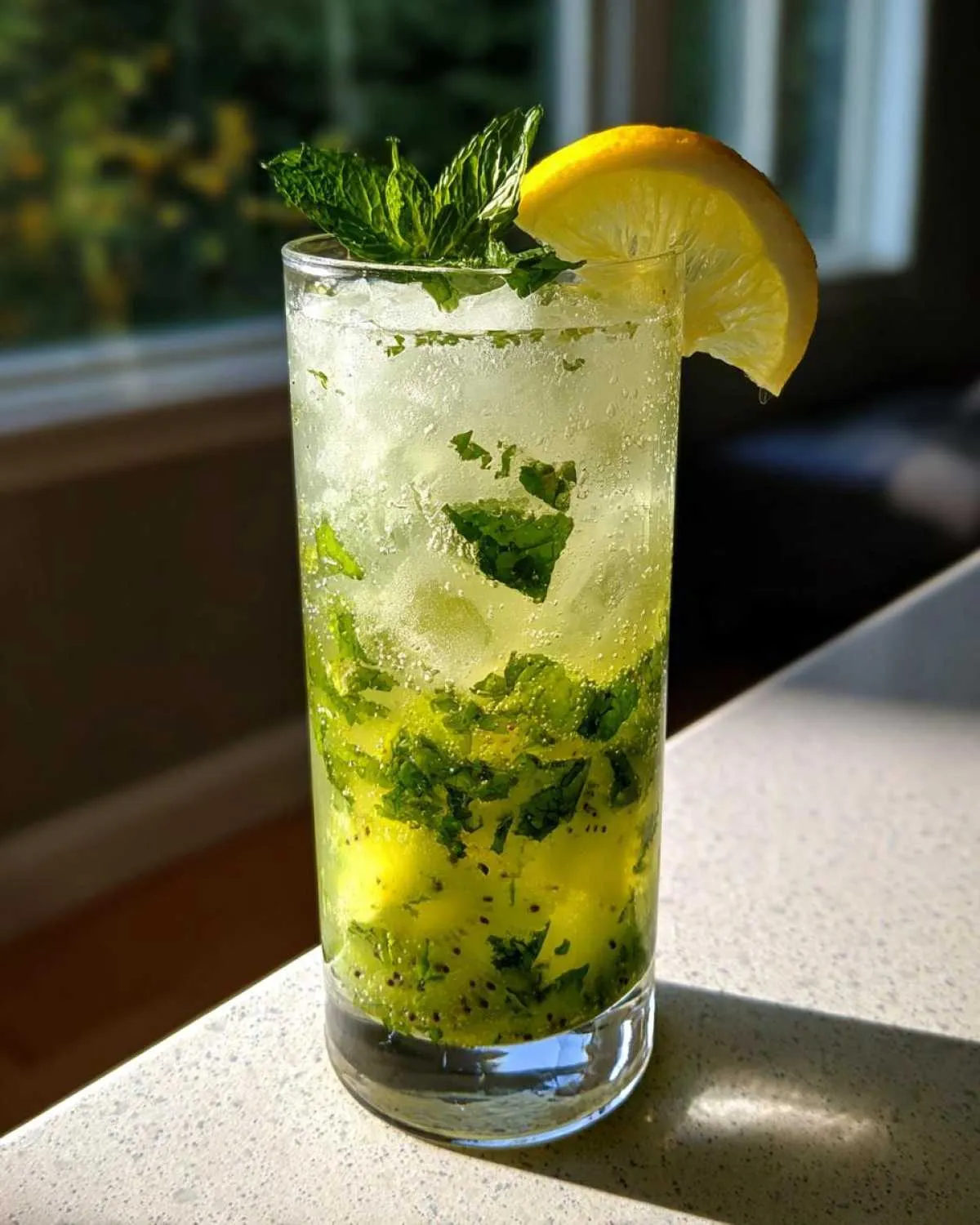 A tall glass filled with a refreshing Kiwi Lemon Mojito, packed with kiwi chunks, mint, ice, and garnished with a lemon slice and mint sprig.