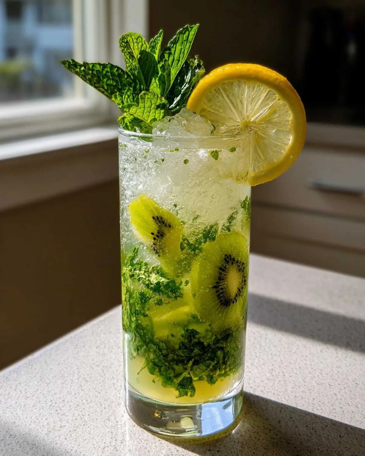 A tall glass filled with a refreshing Kiwi Lemon Mojito, featuring kiwi slices, mint, ice, and a lemon wheel garnish.