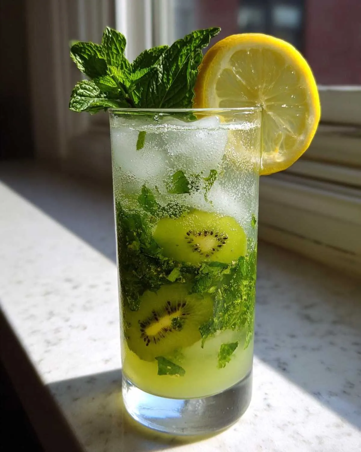 A tall glass filled with a vibrant Kiwi Lemon Mojito, featuring kiwi slices, mint leaves, ice, and a lemon wedge.