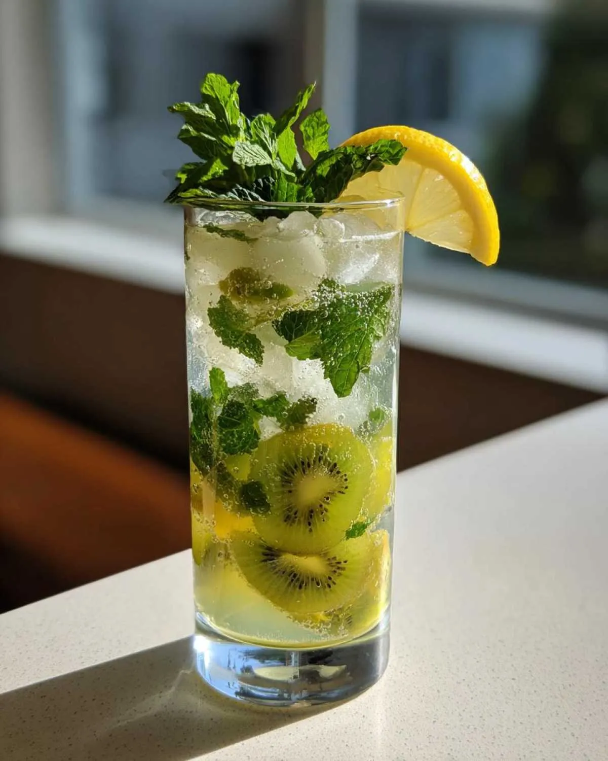 A tall glass filled with a refreshing Kiwi Lemon Mojito, featuring kiwi slices, mint leaves, ice, and a lemon wedge.