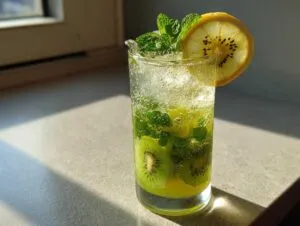 A tall glass filled with a vibrant Kiwi Lemon Mojito, featuring slices of kiwi, mint leaves, ice, and a lemon slice garnish.
