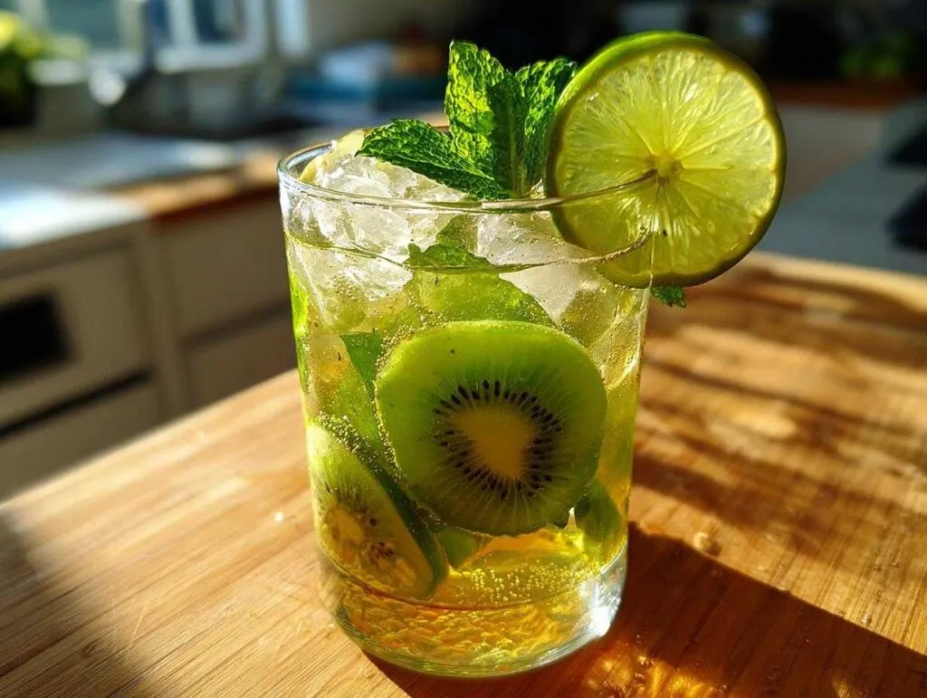 A close-up of a refreshing Kiwi Mojito cocktail, featuring slices of kiwi, mint leaves, and a lime wedge in a tall glass filled with ice and bubbly liquid.