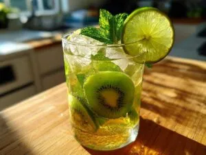 A close-up of a refreshing Kiwi Mojito cocktail, featuring slices of kiwi, mint leaves, and a lime wedge in a tall glass filled with ice and bubbly liquid.