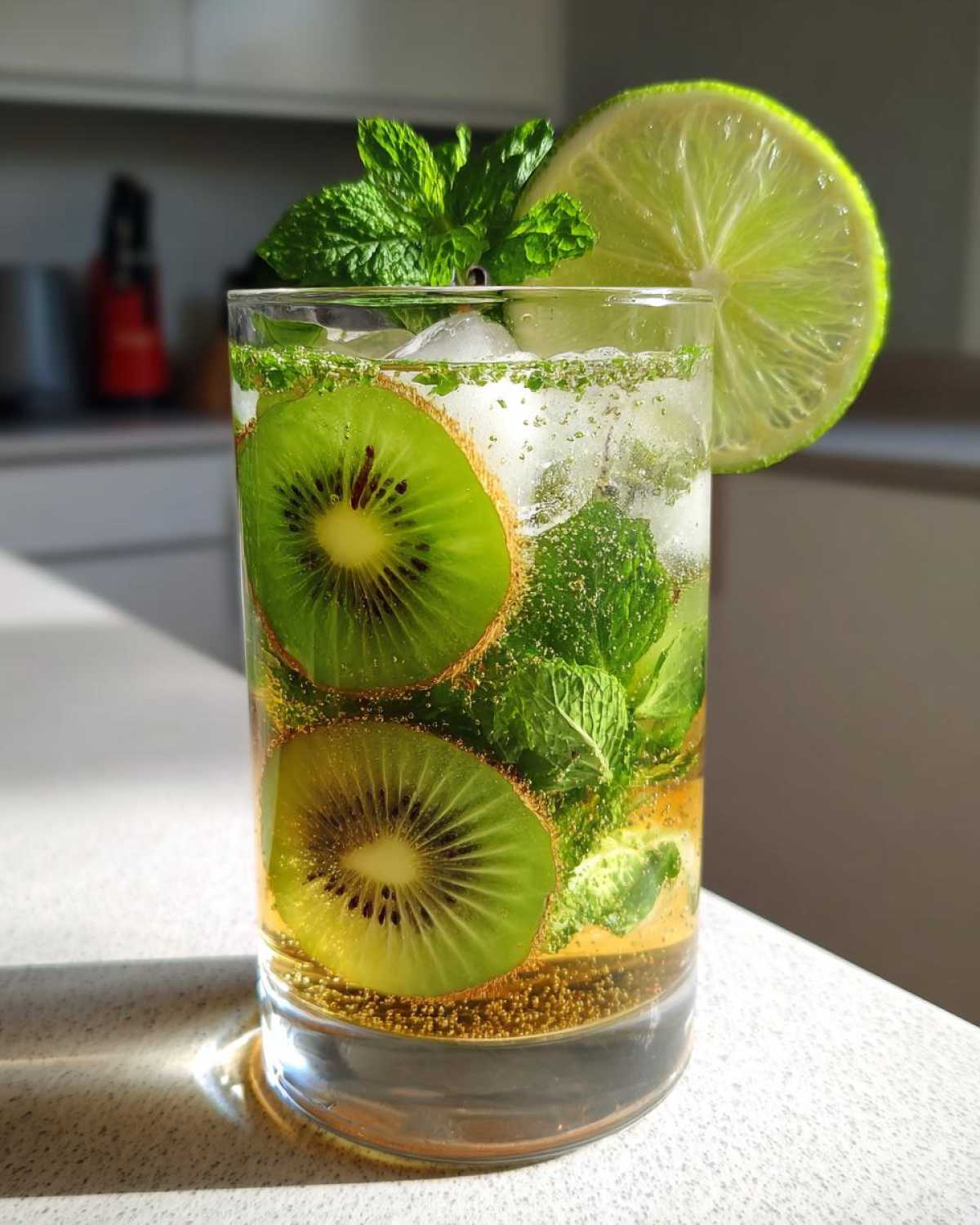 A tall glass filled with a refreshing Kiwi Mojito, featuring slices of kiwi, fresh mint leaves, ice, and a lime wedge garnish.