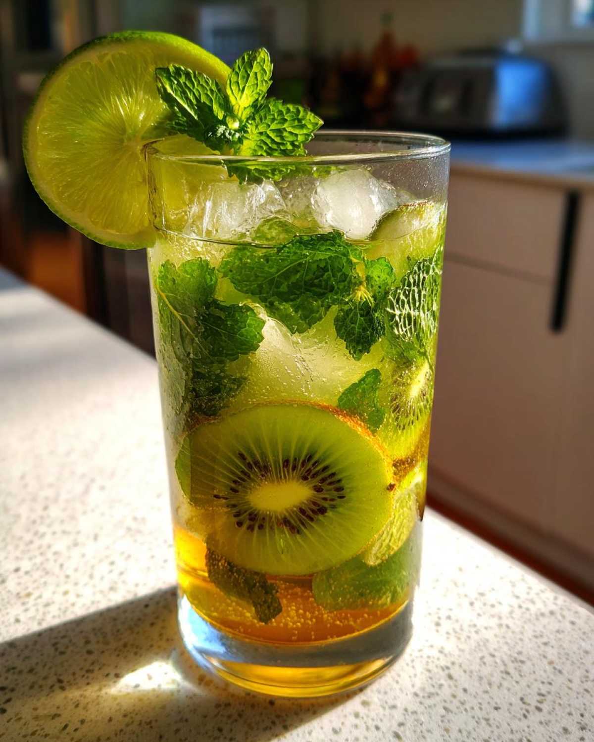 A tall glass filled with a refreshing kiwi mojito, featuring slices of kiwi, fresh mint leaves, lime, and ice.