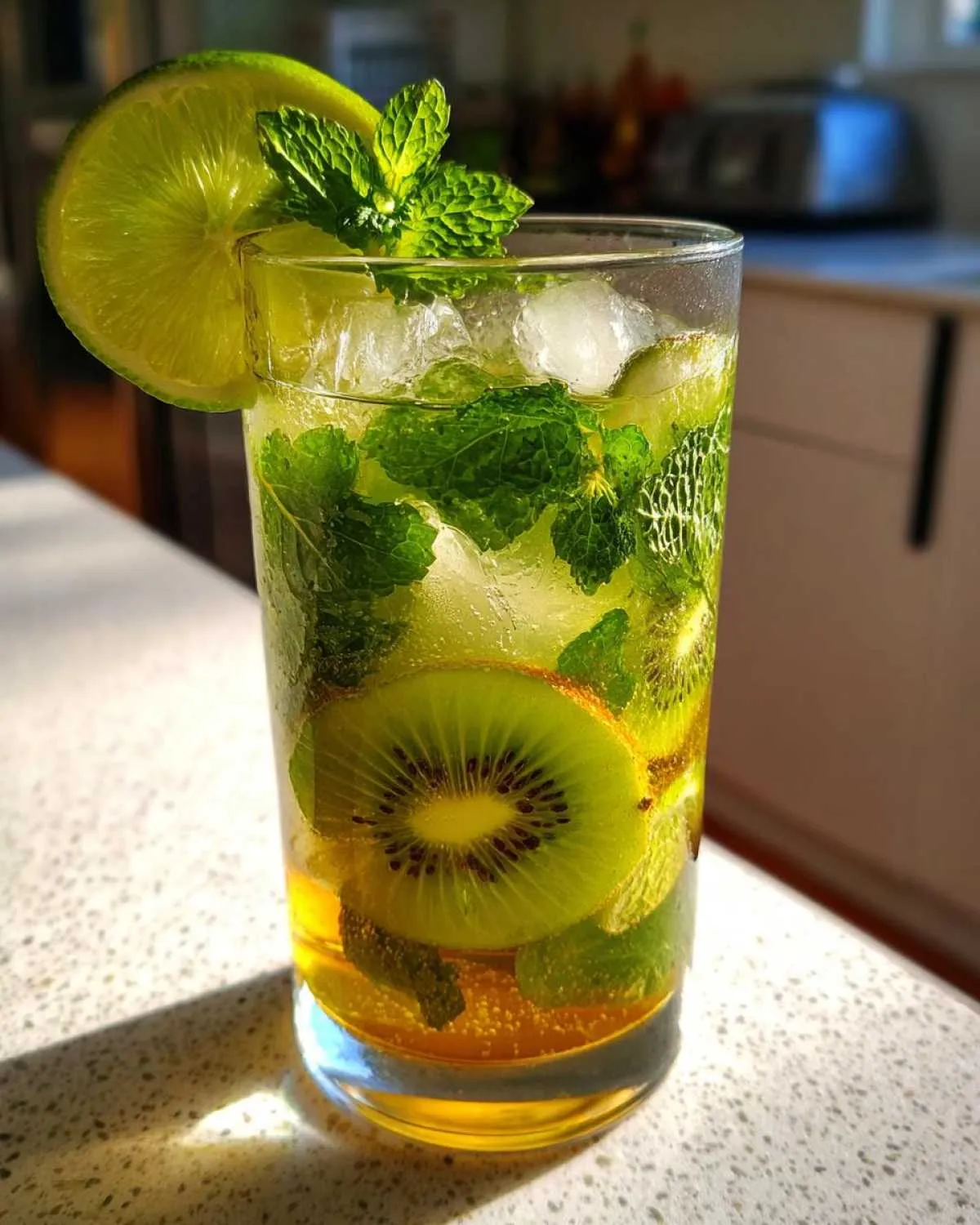 A tall glass filled with a refreshing kiwi mojito, featuring slices of kiwi, fresh mint leaves, lime, and ice.