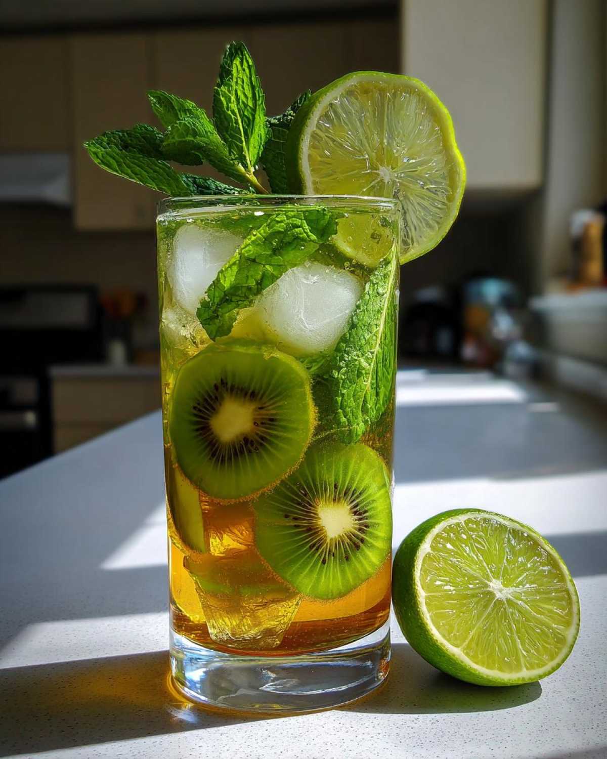 A tall glass filled with a refreshing Kiwi Mojito, featuring slices of kiwi, ice, mint leaves, and a lime wedge.