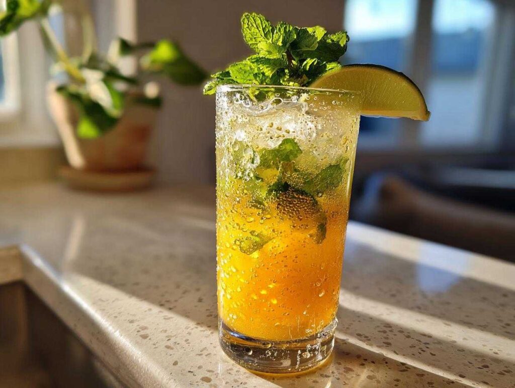 A tall glass filled with a vibrant Mango Mint Mojito Mocktail, garnished with fresh mint and a lime wedge.