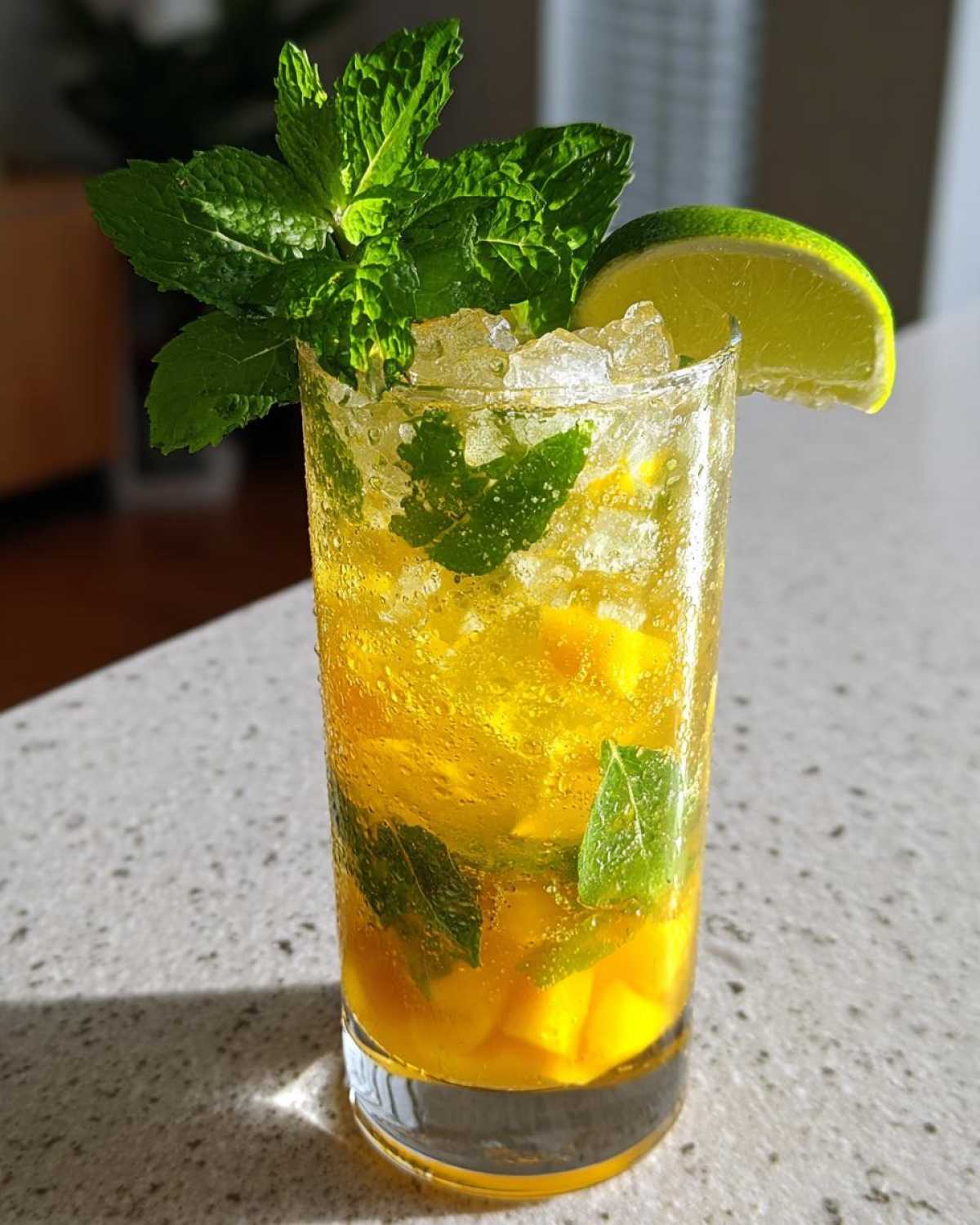 A tall glass filled with a vibrant Mango Mint Mojito Mocktail, featuring mango chunks, mint leaves, crushed ice, and a lime wedge.