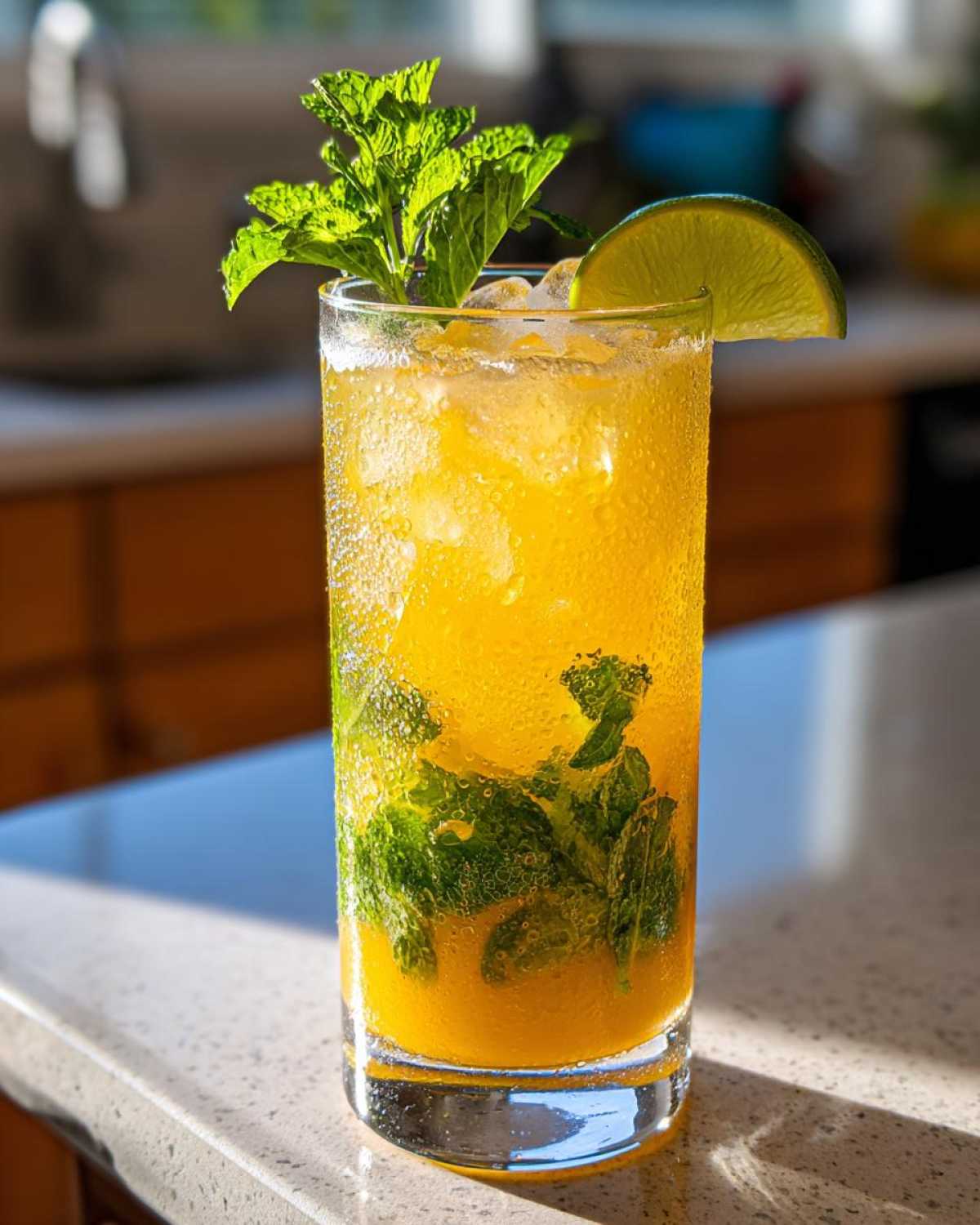 A tall glass filled with a vibrant Mango Mint Mojito Mocktail, complete with fresh mint leaves, ice, and a lime wedge.