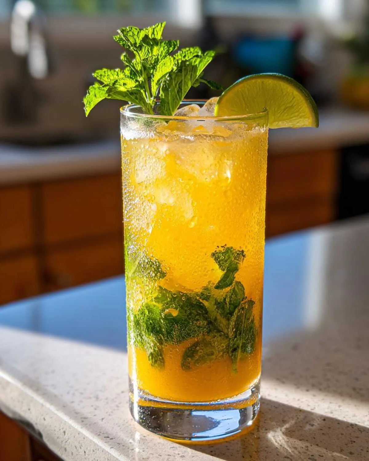 A tall glass filled with a vibrant Mango Mint Mojito Mocktail, complete with fresh mint leaves, ice, and a lime wedge.