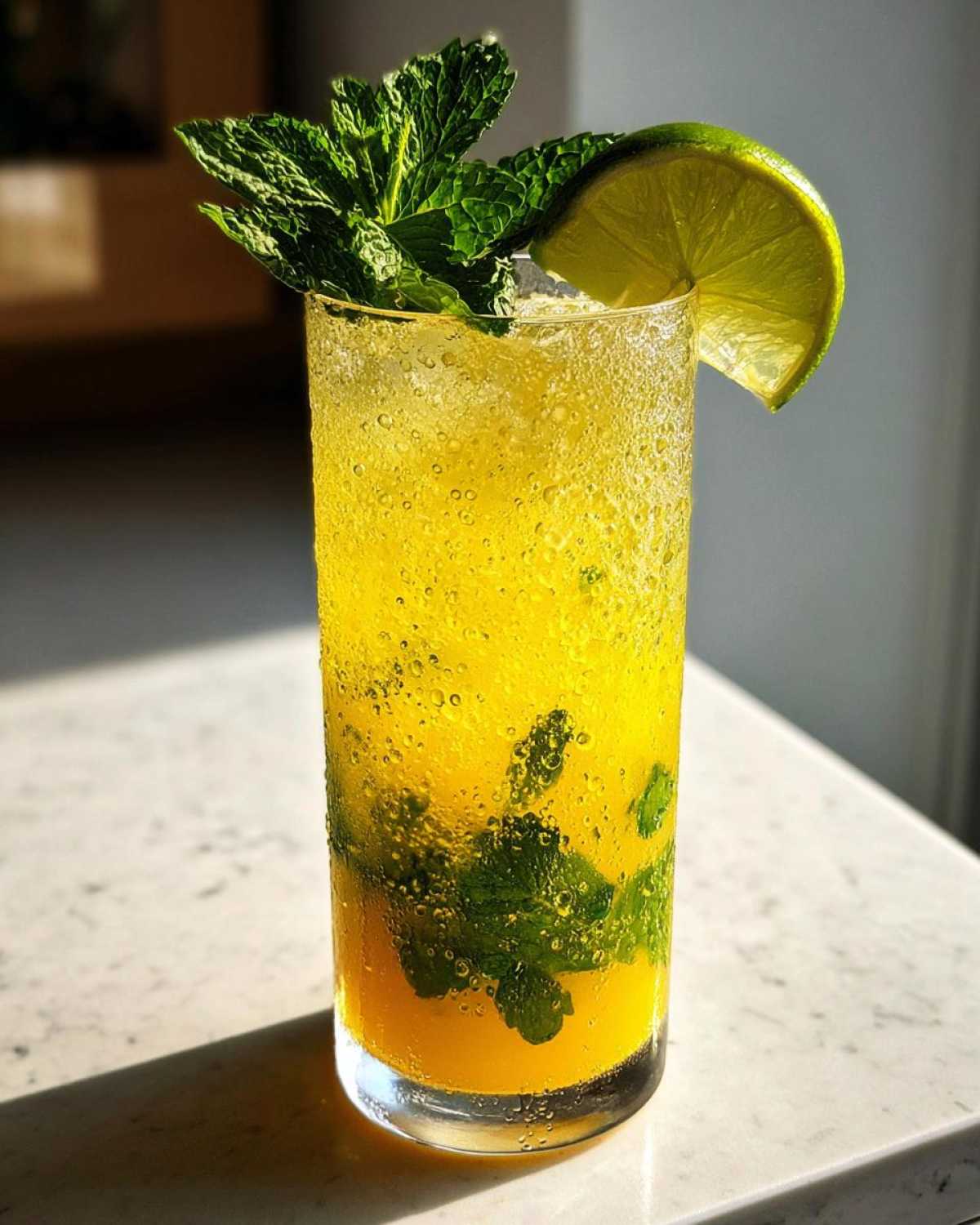 A tall glass filled with a vibrant yellow Mango Mint Mojito Mocktail, garnished with fresh mint and a lime wedge.