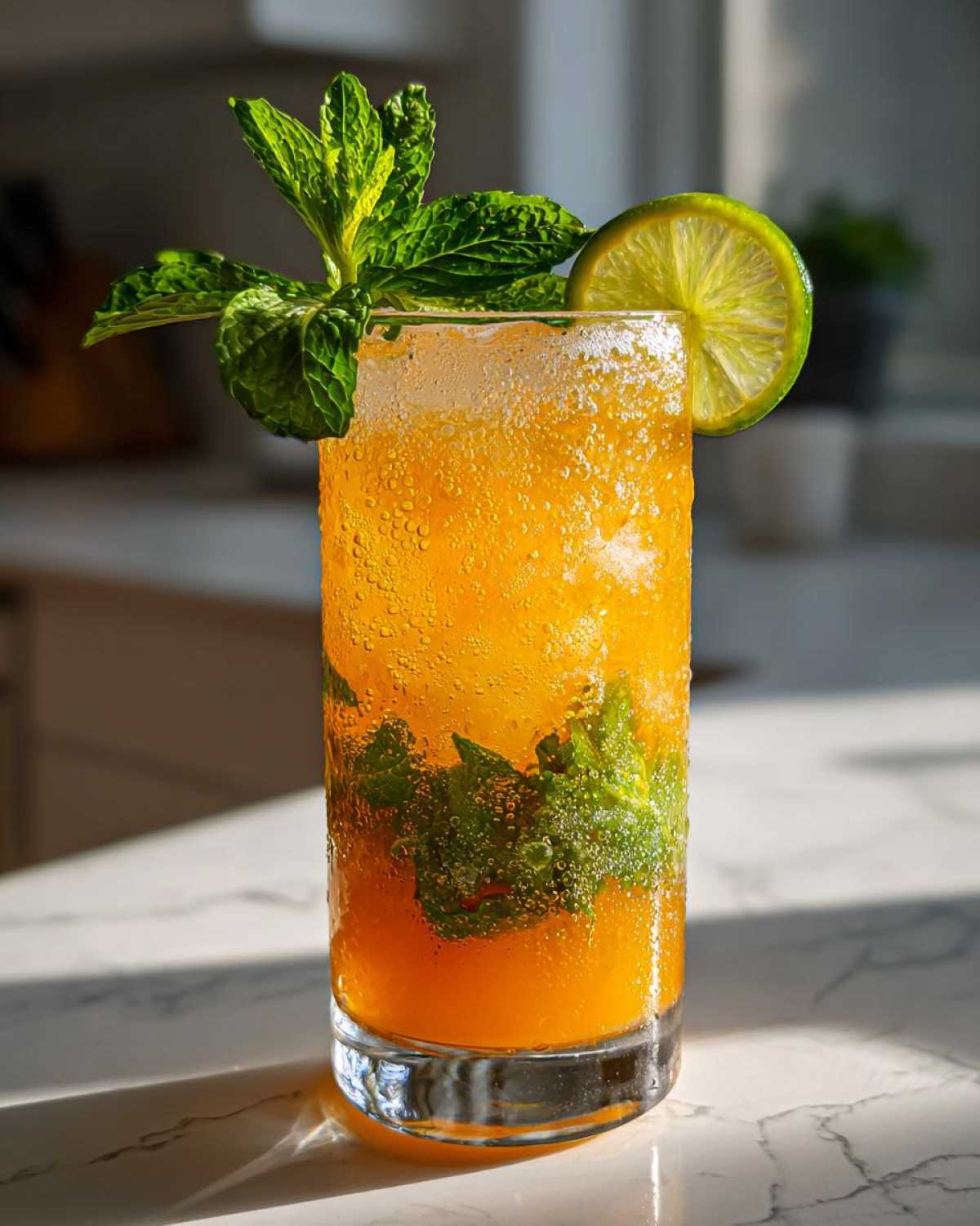 A tall glass filled with a vibrant orange mango mojito mocktail, garnished with fresh mint and a lime slice.
