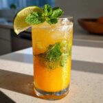 A tall glass filled with a vibrant Mango Mojito Mocktail, garnished with lime and mint, on a sunny countertop.