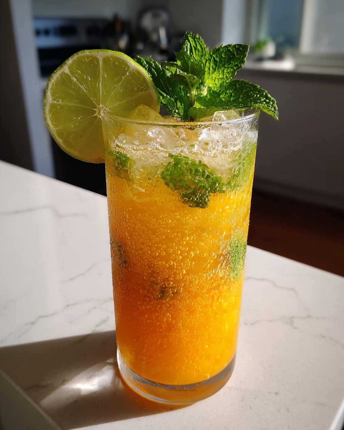 A tall glass filled with a vibrant orange Mango Mojito Mocktail, garnished with fresh mint and a lime slice.