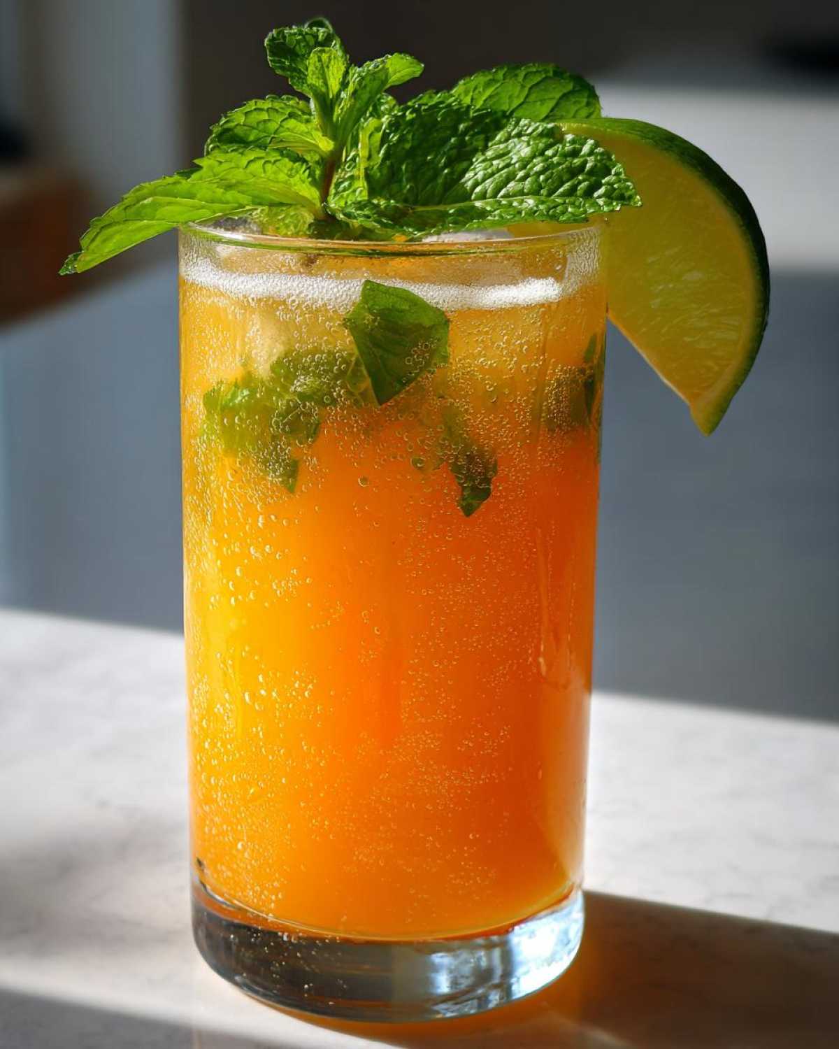 A tall glass of vibrant orange Mango Mojito Mocktail, garnished with fresh mint leaves and a lime wedge.