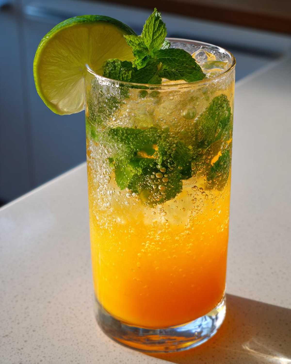 A tall glass filled with a vibrant orange mango mojito mocktail, muddled mint, ice, and a lime wedge garnish.