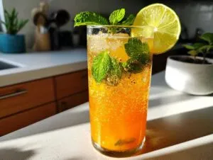 A tall glass filled with a vibrant orange Mango Mojito Mocktail, garnished with fresh mint leaves and a lime slice.