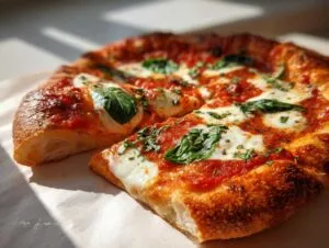A close-up of a slice of Margherita pizza with melted mozzarella, fresh basil, and a rich tomato sauce.