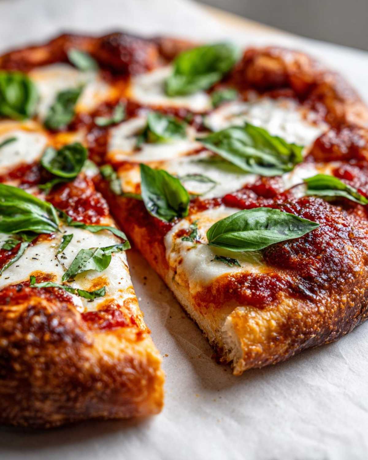 A close-up of a slice of Margherita pizza, showcasing melted mozzarella, rich tomato sauce, and fresh basil leaves.