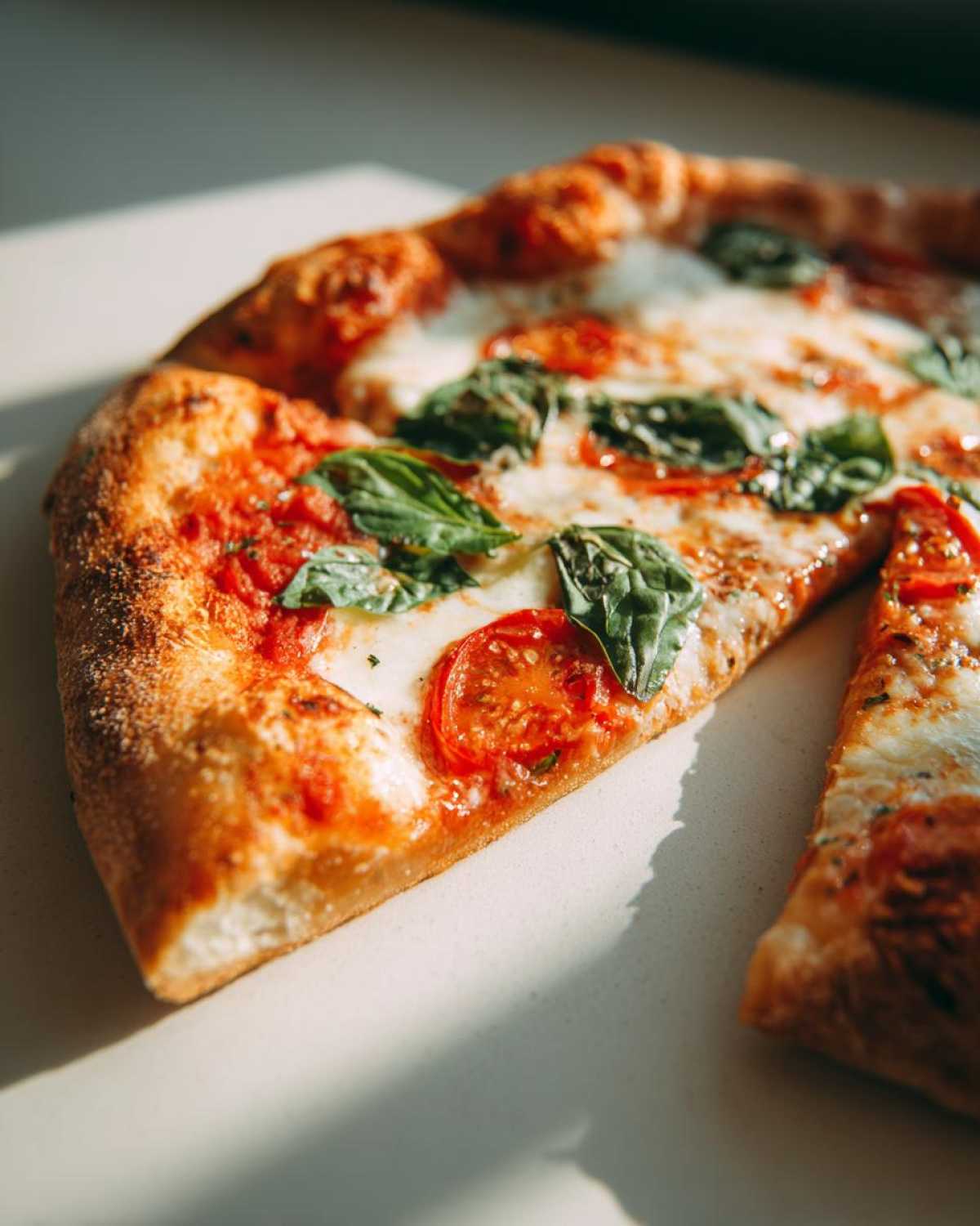 A close-up of a slice of Margherita pizza, featuring melted mozzarella, tomato sauce, fresh basil, and a golden crust.