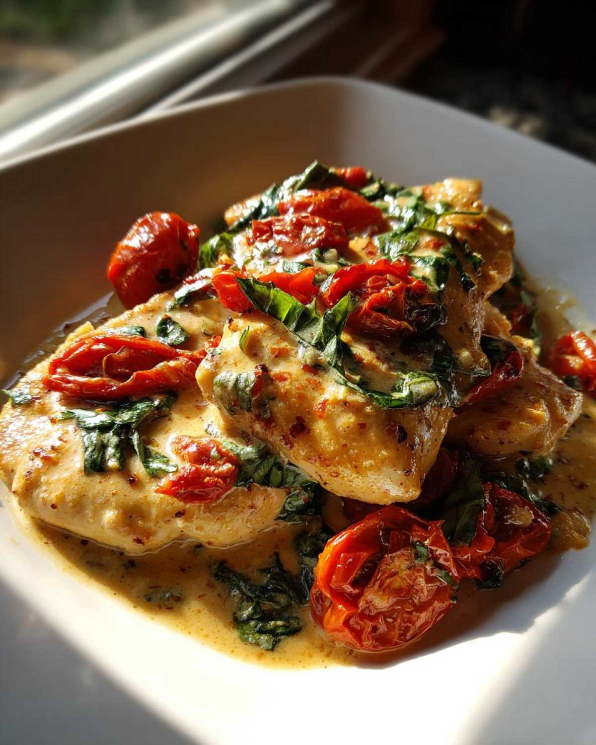 Close-up of Marry Me Chicken breasts in a creamy sauce with sun-dried tomatoes and fresh basil.