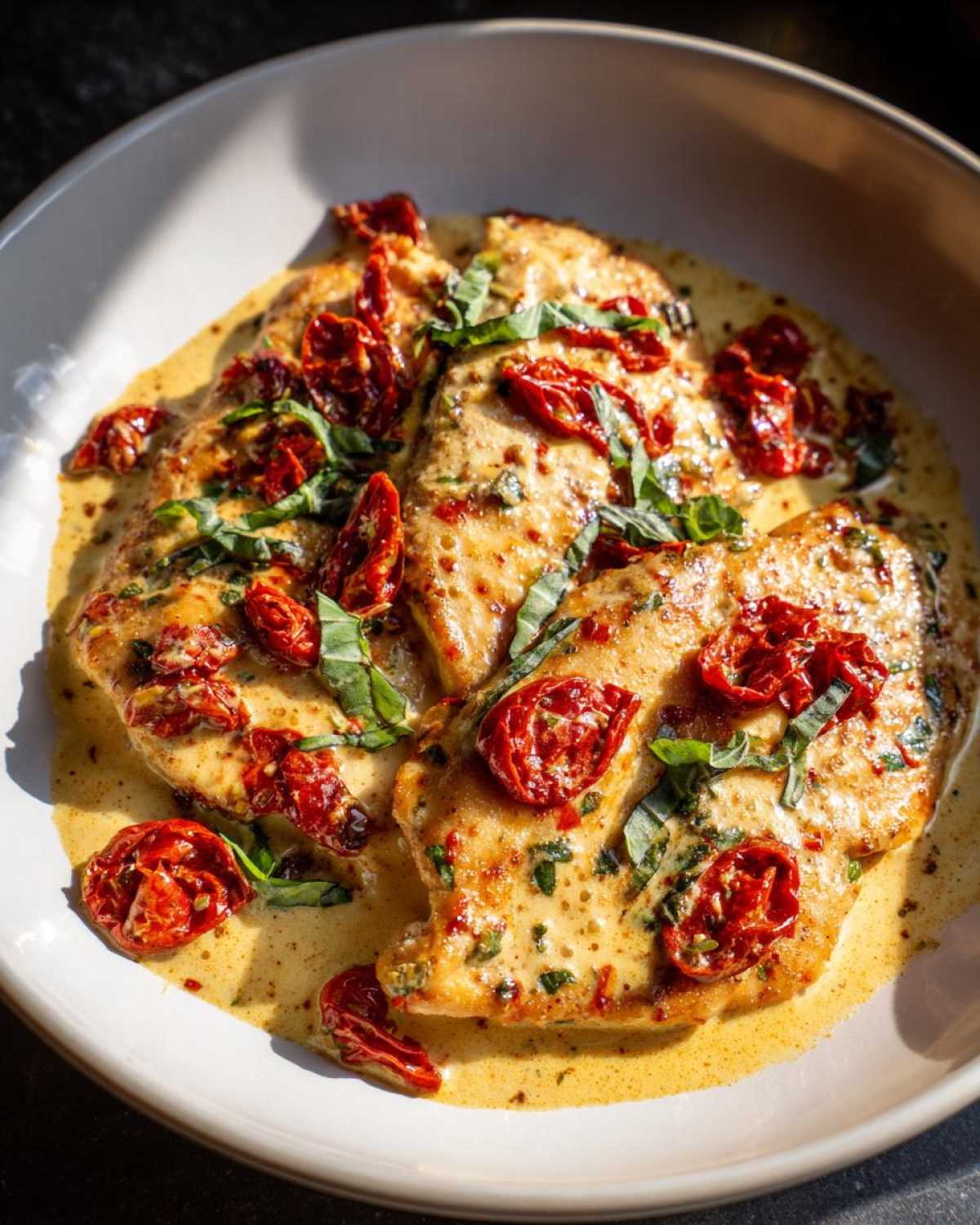 Close-up of Marry Me Chicken breasts in a creamy sauce, topped with sun-dried tomatoes and fresh basil.