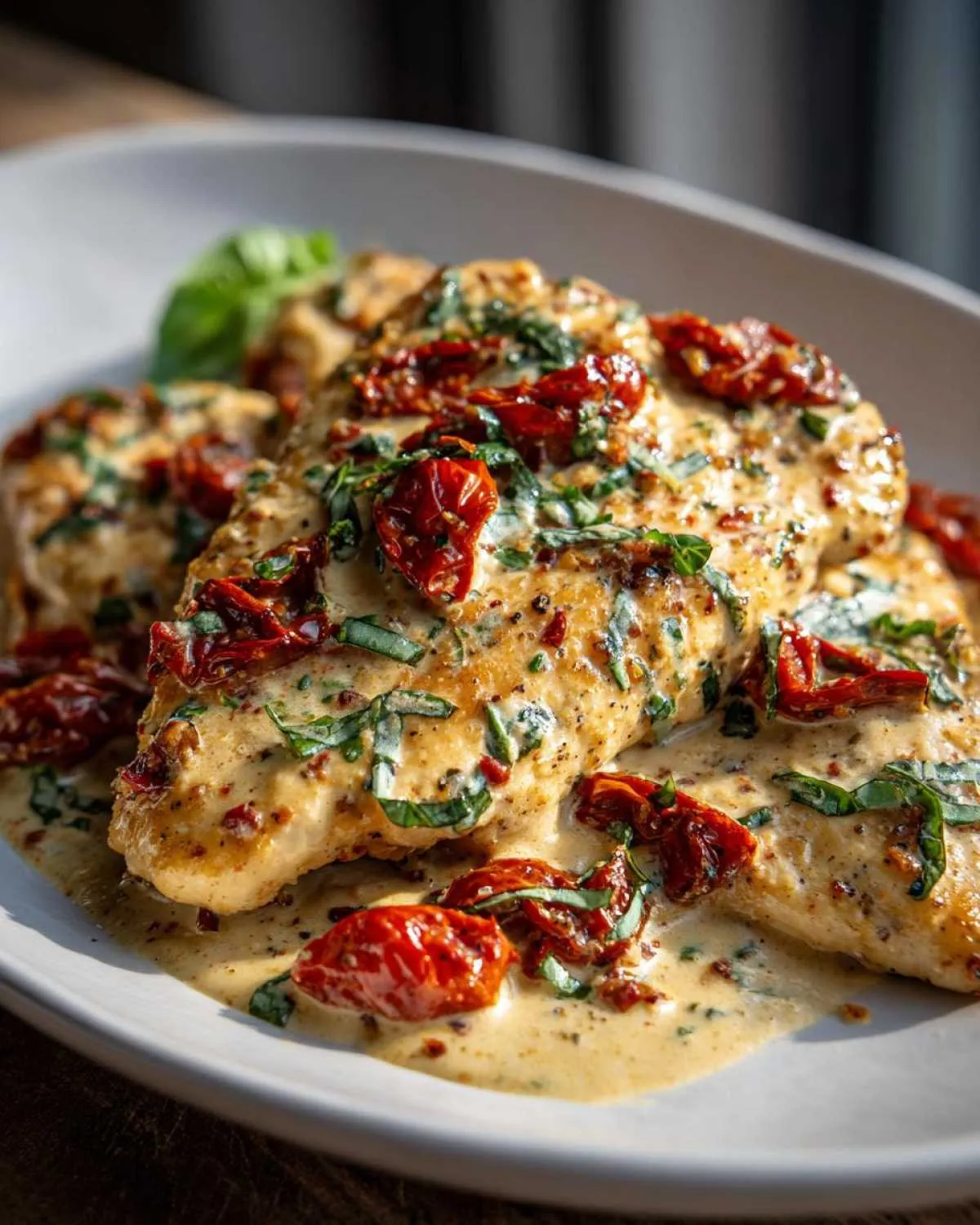 A close-up of Marry Me Chicken breasts in a creamy sauce, topped with sun-dried tomatoes and fresh basil.