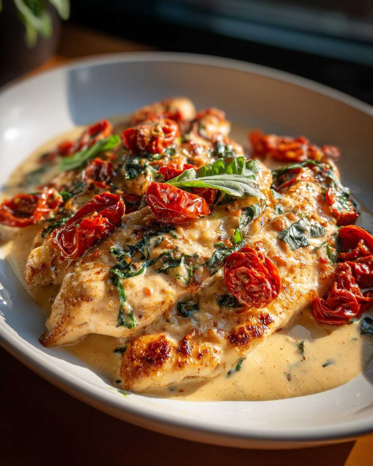 Close-up of Marry Me Chicken breasts in a creamy sauce, topped with sun-dried tomatoes and basil.