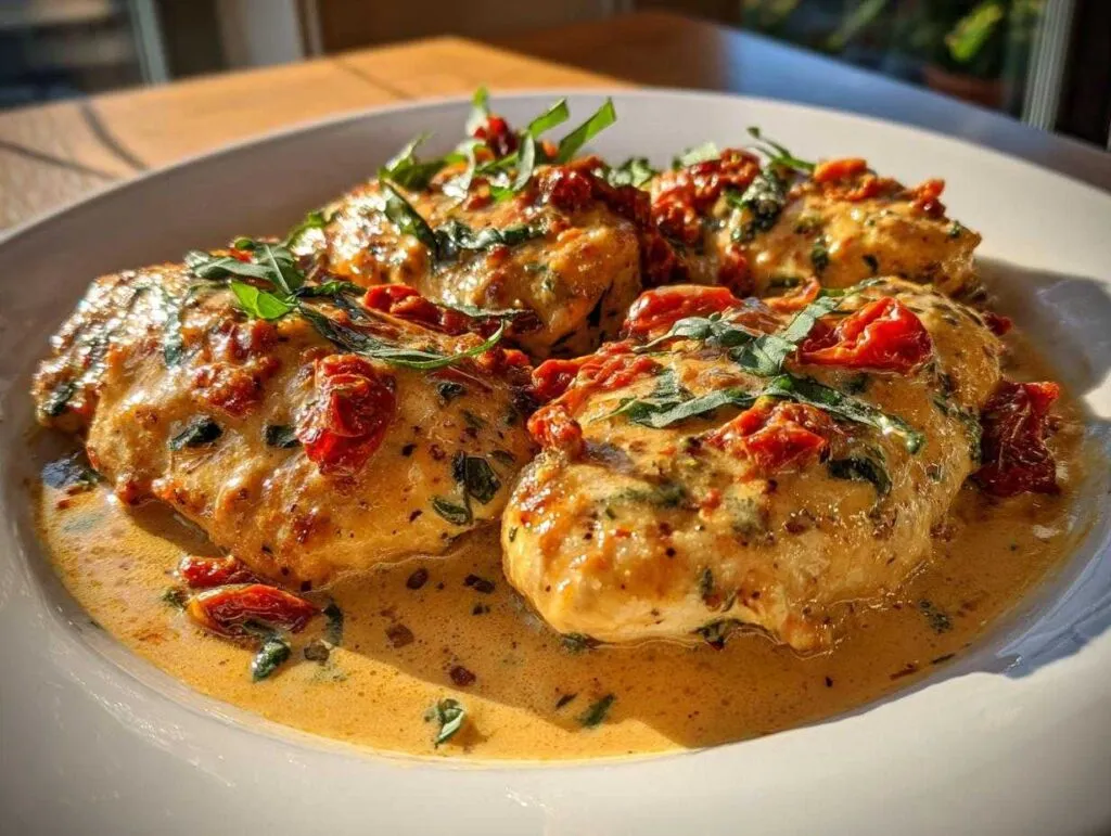 Close-up of Marry Me Chicken breasts in a creamy sun-dried tomato sauce, garnished with fresh basil.