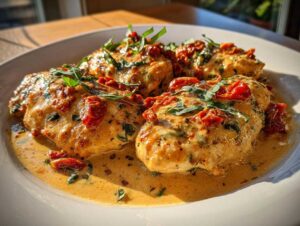 Close-up of Marry Me Chicken breasts in a creamy sun-dried tomato sauce, garnished with fresh basil.
