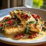 A close-up of creamy Marry Me Chicken topped with sun-dried tomatoes and fresh basil.