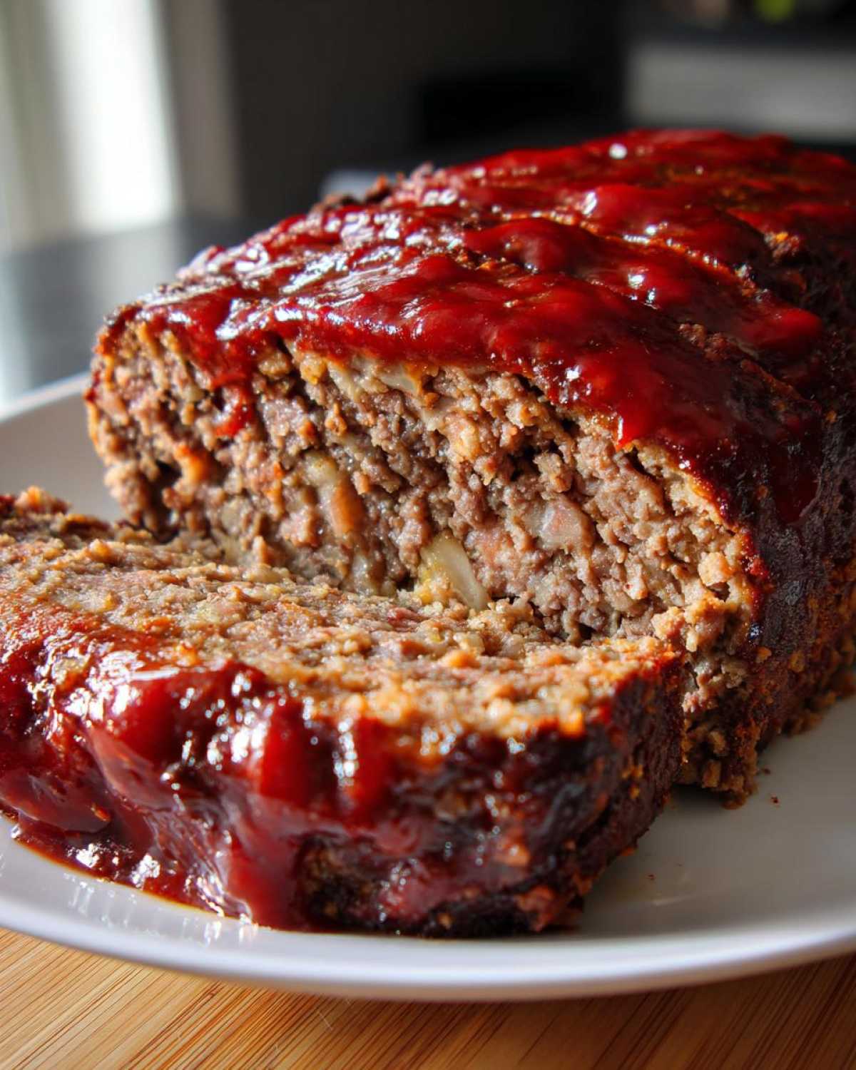 A close-up of a juicy meatloaf with a rich, red glaze, with one slice already cut.