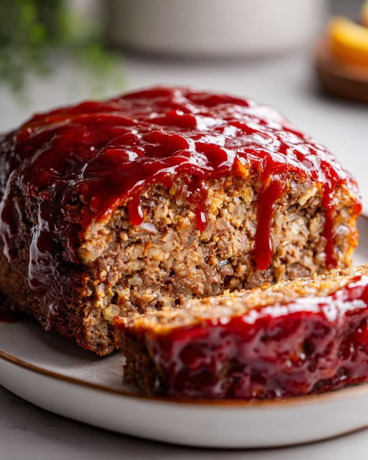 Close-up of a delicious meatloaf with a rich, glossy glaze, with a slice cut and ready to serve.