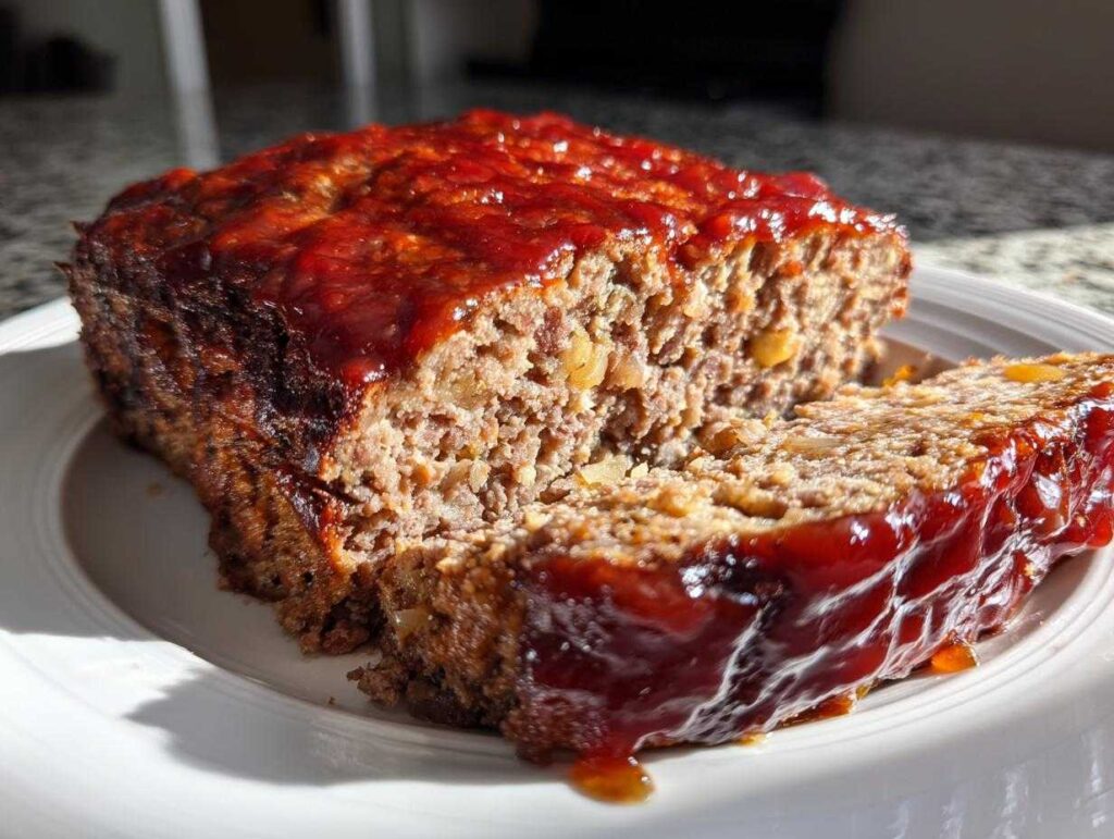 A close-up of a moist meatloaf with a shiny, savory glaze, sliced to reveal its texture.