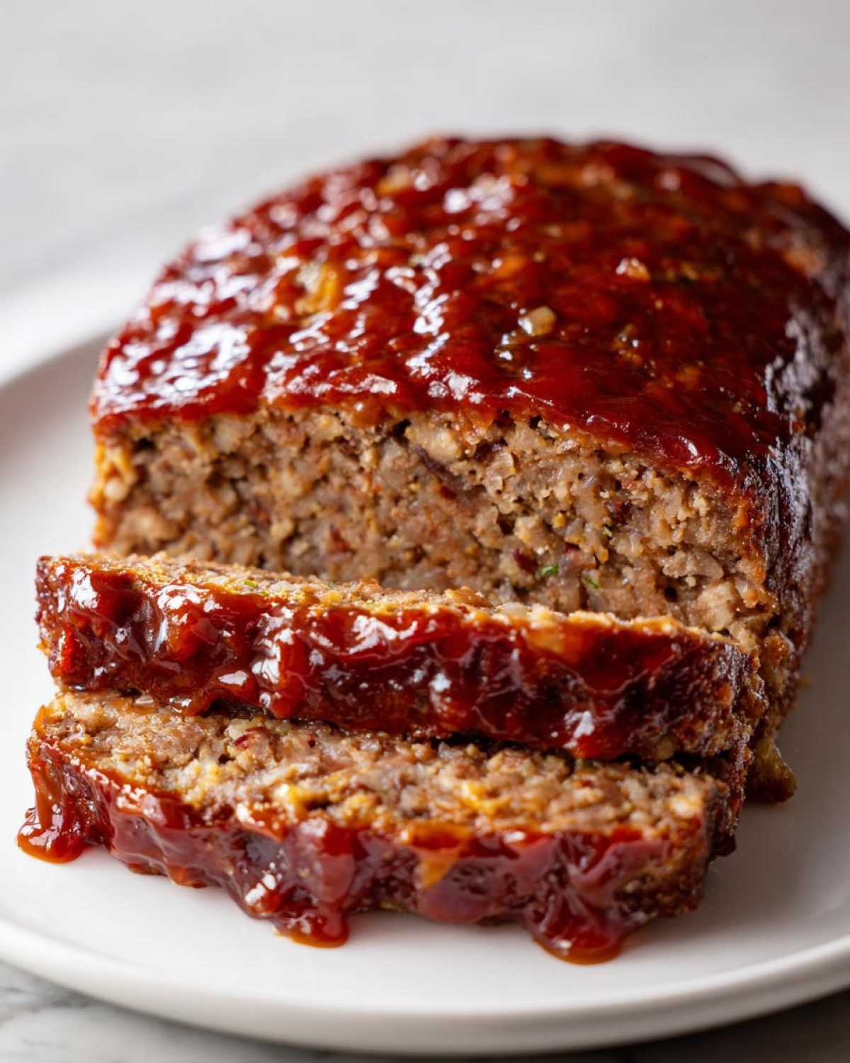 Close-up of a sliced meatloaf with a rich, glossy glaze on top.
