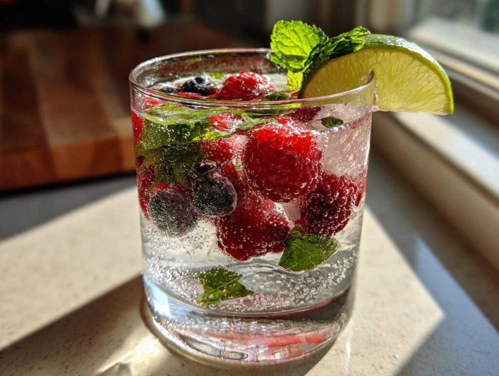 A refreshing Merry Mint Berry Mocktail filled with raspberries, blueberries, mint leaves, and a lime wedge.