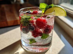 A refreshing Merry Mint Berry Mocktail filled with raspberries, blueberries, mint leaves, and a lime wedge.