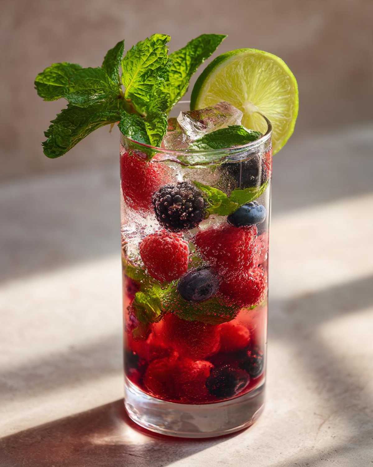 A tall glass filled with a Merry Mint Berry Mocktail, packed with fresh raspberries, blackberries, blueberries, mint leaves, and a lime slice.