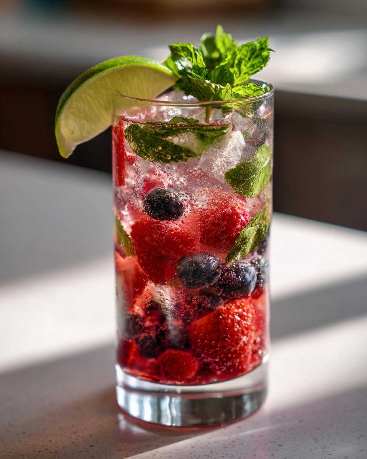 A tall glass filled with a Merry Mint Berry Mocktail, featuring strawberries, blueberries, mint, and a lime wedge.